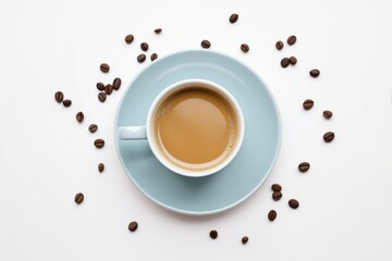 Obraz premium Blue Cup of Coffee with Scattered Beans