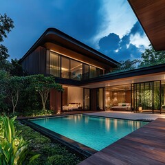 Fototapeta premium home or house building Exterior and interior design showing tropical pool villa with green garden and bedroom --profile 773ghdn.