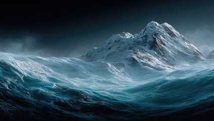 Fototapeta premium Snowy mountains rise above turbulent, dark teal waves