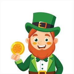 Cheerful leprechaun wearing a green hat and jacket, holding a gold coin in his hand, isolated on a white background