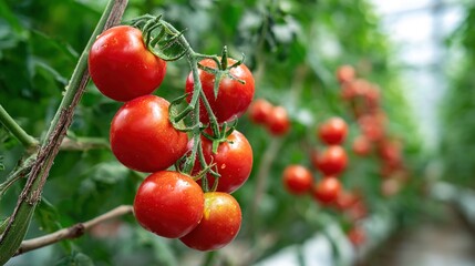 Obraz premium Ripe Red Tomatoes on Vine – Organic Farming and Fresh Produce in Greenhouse