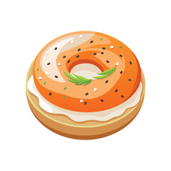 Closeup view of a bagel with cream cheese and black sesame seeds, garnished with a fresh green leaf, offering a tempting breakfast treat