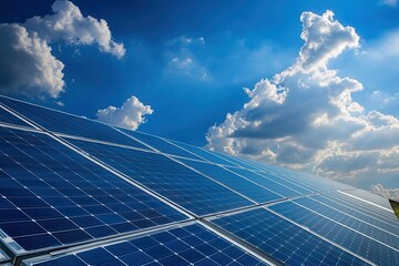 Close-up of solar panels under a clear blue sky, showcasing the technology behind sustainable energy solutions. High-resolution photograph capturing clean and bright lighting.