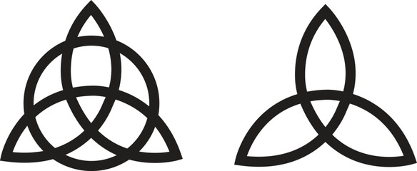 Triquetra signs icons set in flat vector style. Celtic knot collection, sacred geometry group, Irish spiritual symbol set, Wiccan emblem, pagan belief design, ancient religious culture graphics.