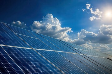 Close-up of solar panels under a clear blue sky, showcasing the technology behind sustainable energy solutions. High-resolution photograph capturing clean and bright lighting.