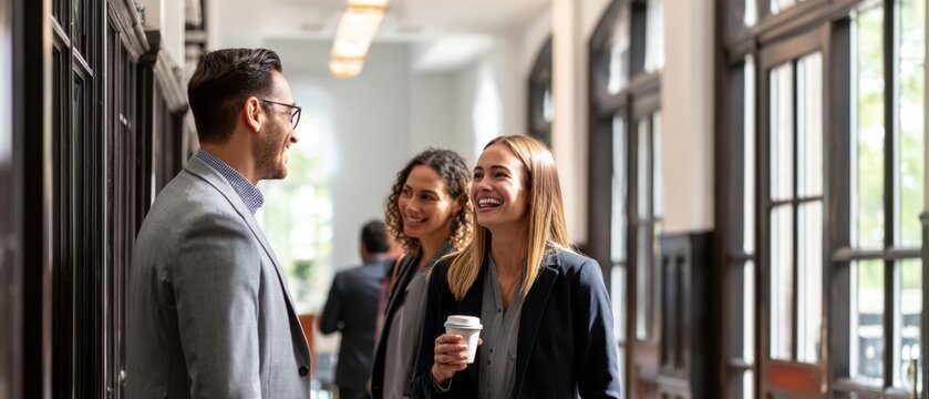 The business professionals engaging in a cheerful discussion in a modern office hallway.