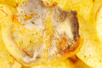 rotten potato chips. potato chips with spices. close up.