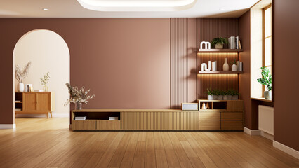 A Modern and cozy TV cabinet  featuring earthy mocha tones, wooden flooring, built-in shelves, and natural light from a tall window.3d render