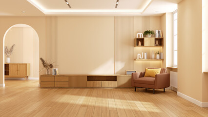 TV cabinet and bright Wall and cozy living space with soft beige tones, natural light, and minimalist wooden decor.3d render