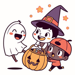 Cute Halloween Cartoon Illustration with Witch, Ghost, Pumpkin and Autumn Leaves – Kawaii Style for Kids