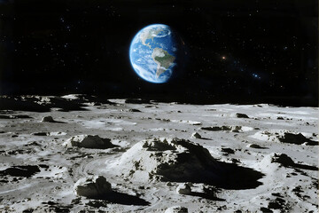 Earth from the Moon: A captivating view from the lunar surface showcasing Earth as a brilliant blue marble against a starlit backdrop.