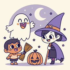 Cute Halloween Cartoon Illustration with Witch, Ghost, Pumpkin and Autumn Leaves – Kawaii Style for Kids