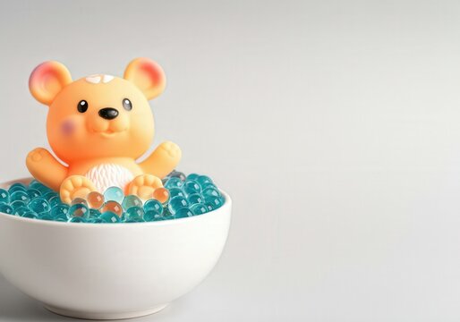 Soft rubber bear toy in bowl of blue water beads on white background