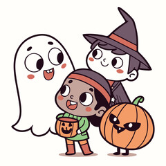 Cute Halloween Cartoon Illustration with Witch, Ghost, Pumpkin and Autumn Leaves – Kawaii Style for Kids
