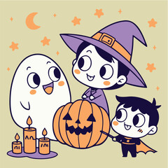 Cute Halloween Cartoon Illustration with Witch, Ghost, Pumpkin and Autumn Leaves – Kawaii Style for Kids