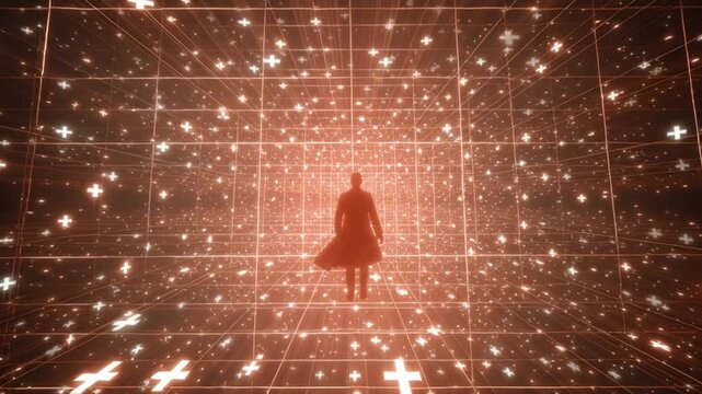 Lone Voyager: An individual stands at the heart of a surreal grid, surrounded by a constellation of illuminated plus symbols, evoking a sense of wonder, infinite space.