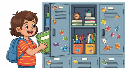 Cheerful student boy with backpack organizing his book in a colorful school locker