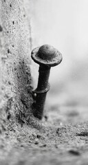 Close-up of a metal fastener, a small, round, dark object, embedded in rough, textured, light-grey ground