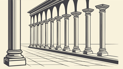 Architecture drawing of ancient greek roman columns colonnade pillars with archway and tiled floor design