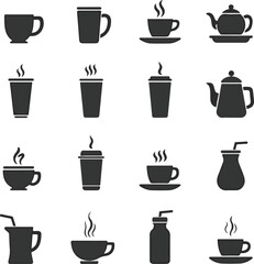 Coffee cup icon set. Cups of coffee tea collection. Hot drink icon. Disposable cup. Cup coffe with steam. Flat style. 