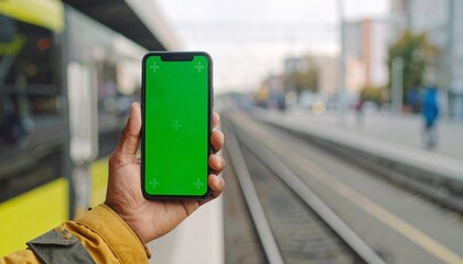 A person's hand holding a smartphone with a green screen at a train station.