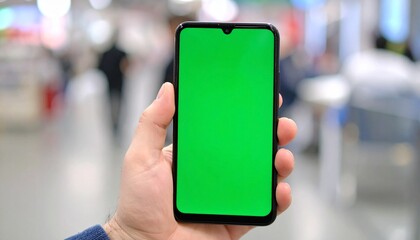 A man's hand holds a contemporary smartphone with a chroma key green screen, a versatile mockup for technology concepts in a public setting.