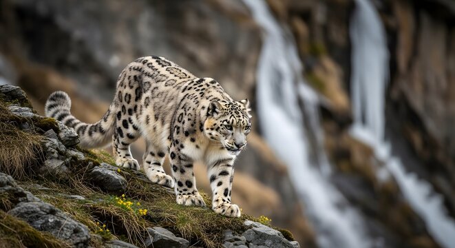 Majestic snow leopard prowling on a rocky mountain slope with a scenic waterfall backdrop in its natural habitat.