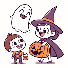 Cute Halloween Cartoon Illustration with Witch, Ghost, Pumpkin and Autumn Leaves – Kawaii Style for Kids
