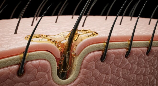 Close-up view of a hair follicle with sebum and skin cells, illustrating scalp health