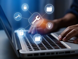 A persons hand operates a laptop, with digital icons representing tools, security, and data management