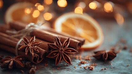 Cinnamon sticks star anise cloves dried orange with festive blurred lights cozy warm seasonal spice flat lay
