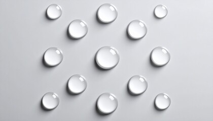 Abstract background of clear water drops in a symmetrical composition on a gray surface, representing purity and hydration.