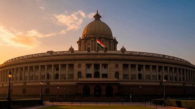 The Indian Parliament House building at sunrise, with the national flag waving atop the dome.