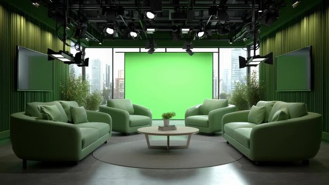 Modern TV Broadcast Studio with Sleek Green Decor and Natural Light for News Presentations and Interviews