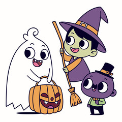 Cute Halloween Cartoon Illustration with Witch, Ghost, Pumpkin and Autumn Leaves – Kawaii Style for Kids