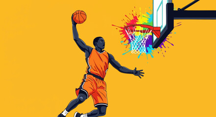 Obraz premium Dynamic Basketball Player Slam Dunking with Vibrant Artistic Splatters and Energetic Motion