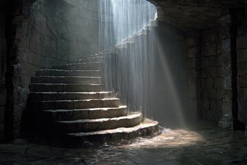 Stone spiral staircase, wet and illuminated by light streaming from above
