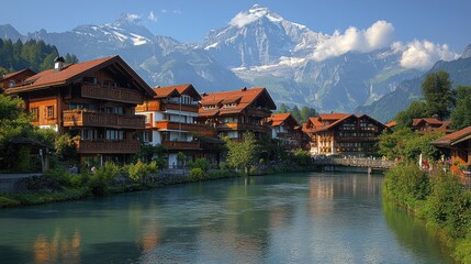 Naklejka premium Alpine village by a river, mountain backdrop