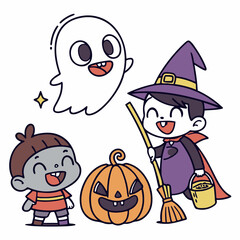 Cute Halloween Cartoon Illustration with Witch, Ghost, Pumpkin and Autumn Leaves – Kawaii Style for Kids