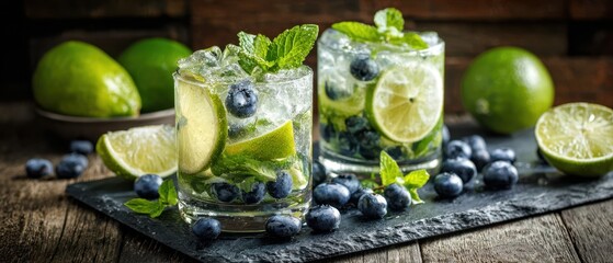 The refreshing blueberry mojitos garnished with mint and lime on a rustic surface.