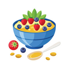 Delightful blue bowl filled with golden oatmeal, topped with fresh strawberries and blueberries, accompanied by a tomato, more berries, and a spoon of honey