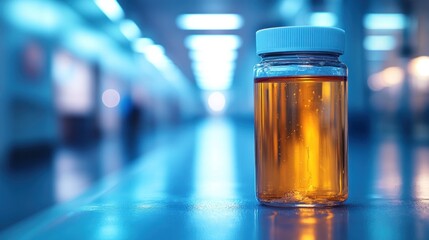 Amber liquid sample in clear glass vial on a stainless steel surface in a modern laboratory setting