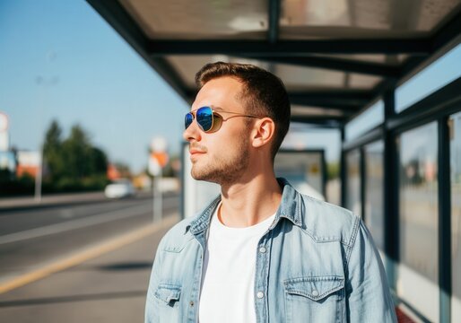 Man in sunglasses standing under a perforated steel awning at modern bus shelter