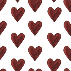 Seamless watercolor pattern of dark red hearts on a white background. Rich and romantic, perfect for Valentine's Day, wedding invitations, or sophisticated designs. Hand-painted with a delicate touch