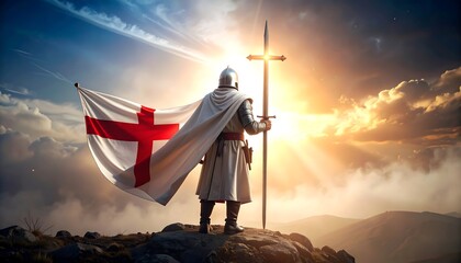 Crusader on a mountaintop, radiant sun
