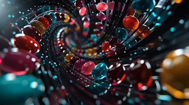  looping video of vibrant jelly beans bouncing rhythmically in geometric formation, soft rubber-like reflections, slow motion capture