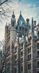 Fototapeta premium Ornate Gothic Architecture with Blue Roof and Bare Trees