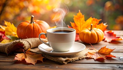 Autumn coffee scene with pumpkins and leaves