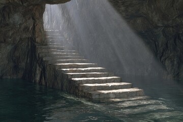 Stone steps leading upward from a watery cave to a light source
