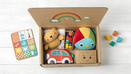 Obraz premium A cardboard box filled with colorful toys including a plush bear and wooden car toy